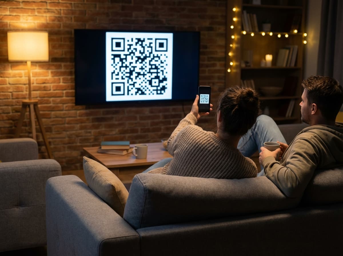 Person scanning a QR code on a TV screen in a cozy living room