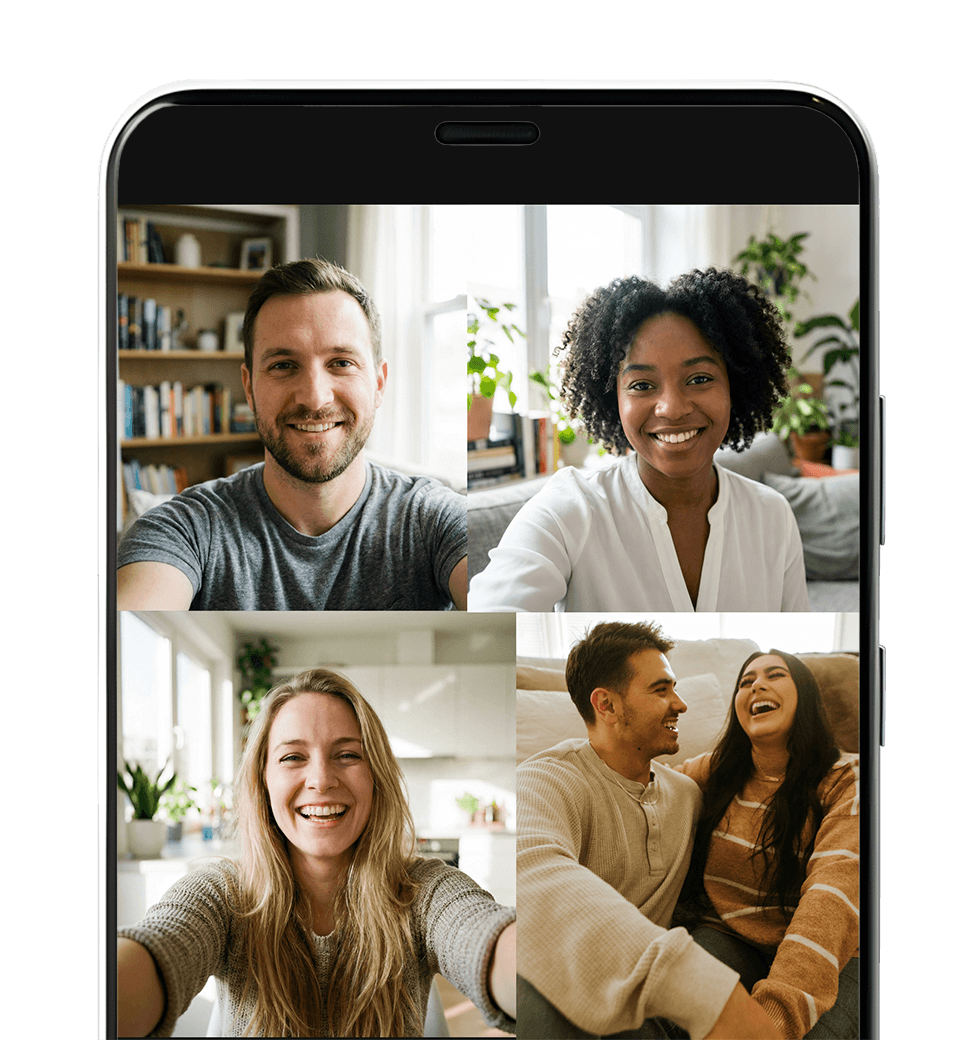 Mobile phone showing group video chat with four participants