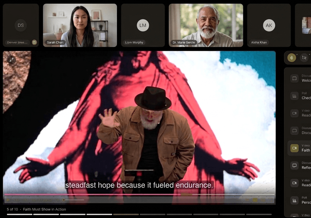 Virtual small group session interface showing synchronized video playback with participant thumbnails and discussion sidebar